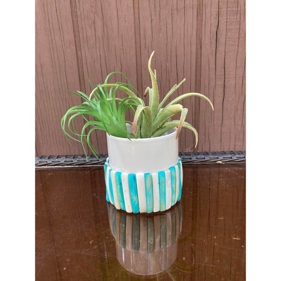 Upcycled Blue & White Mother of PEARL Planter With Drainage Hole - Picture 2 of 7